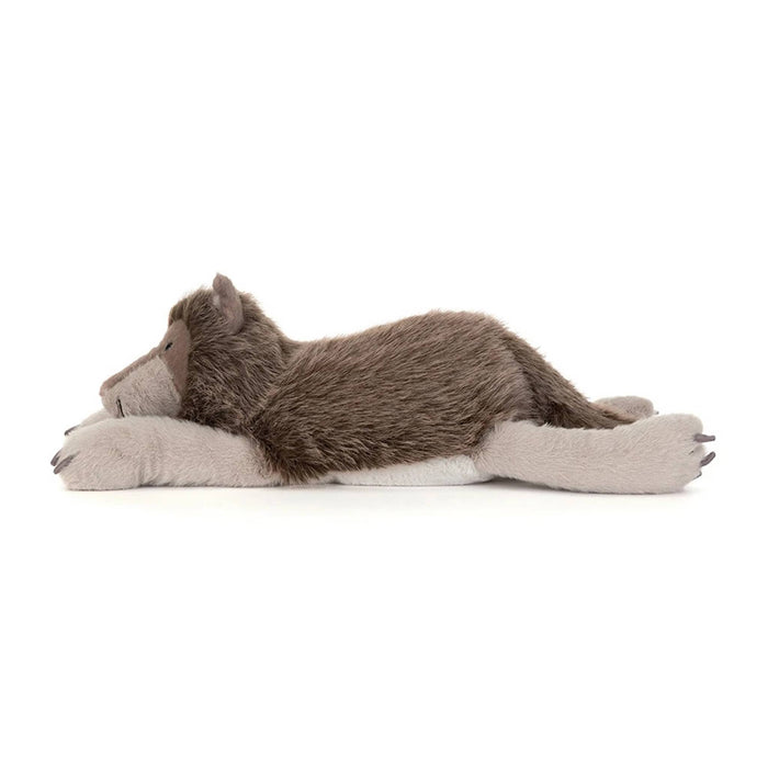 A plush stuffed animal shaped like a wolf, side view, lying down on a clean white background. The toy has a brown and gray body with a lighter beige muzzle and gray paws.