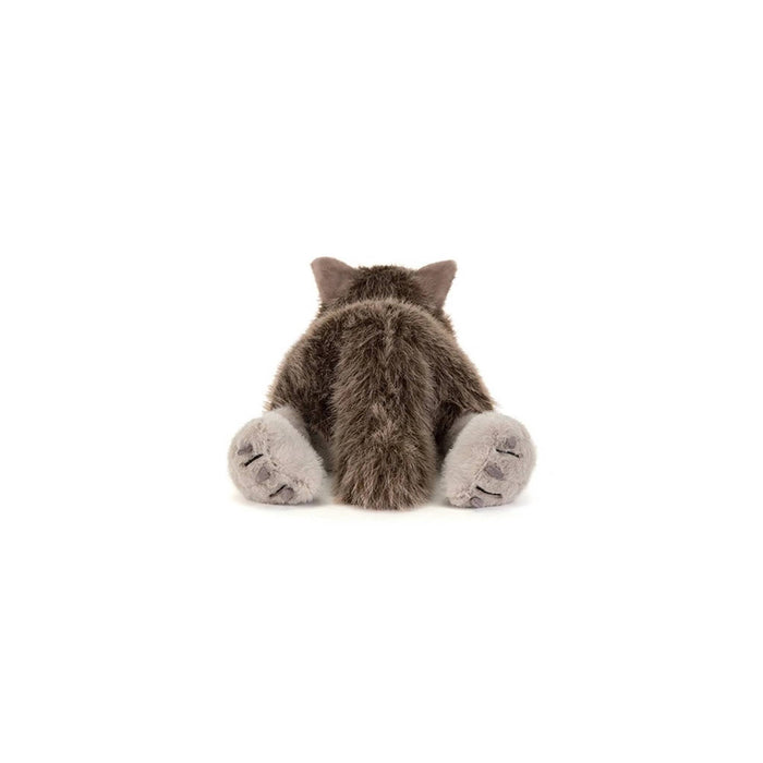 A plush stuffed animal shaped like a wolf, back view, lying down on a clean white background. The toy has a brown and gray body with a lighter beige muzzle and gray paws.