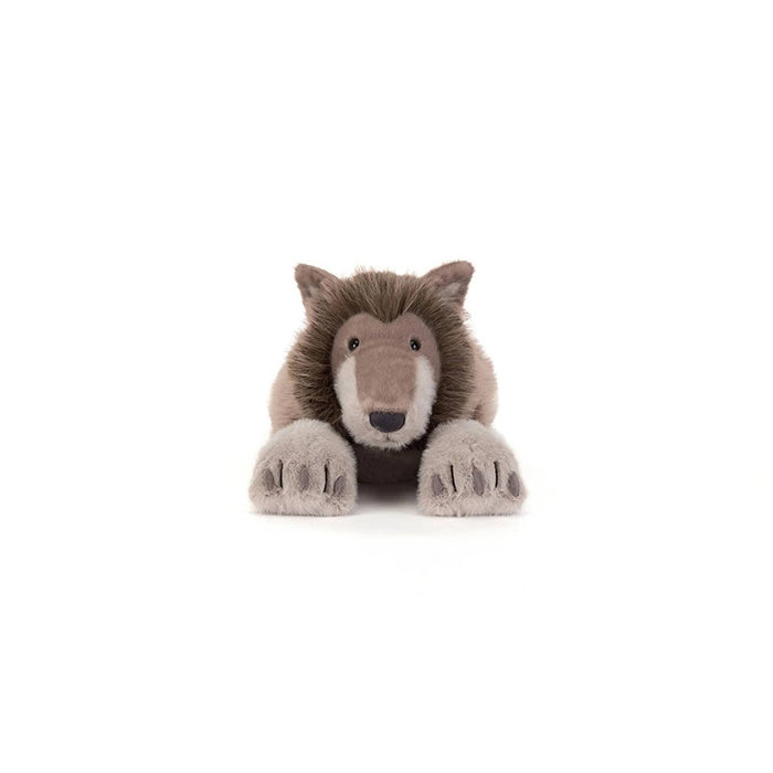 A plush stuffed animal shaped like a wolf, front view, lying down on a clean white background. The toy has a brown and gray body with a lighter beige muzzle and gray paws.