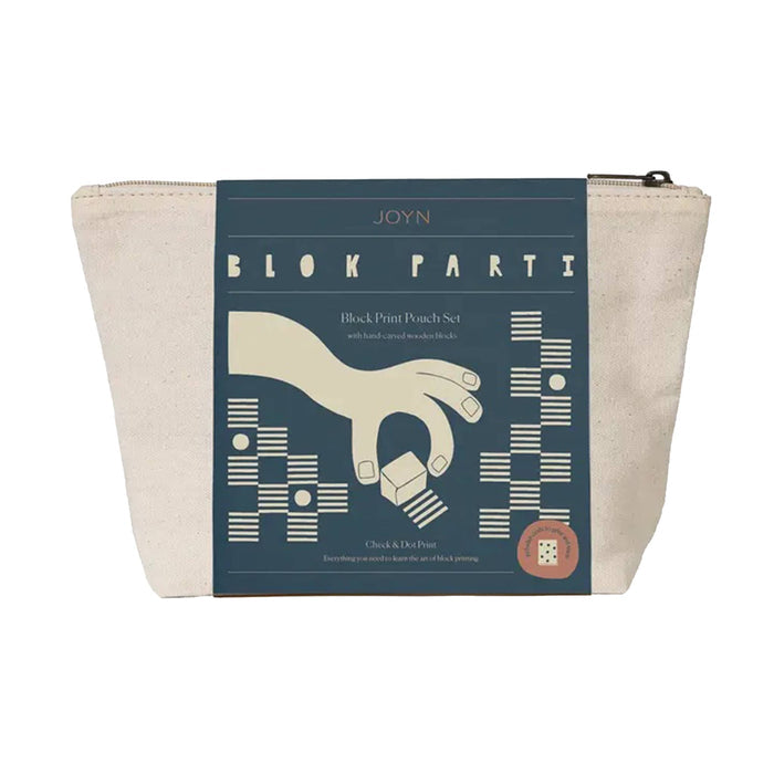 Front of JOYN Blok Parti Check and Dot Block Printing Pouch Set, featuring an off-white canvas pouch with navy bellyband with cream-colored block printing illustrations of hands, dots and striped square patterns, on a plain white background.