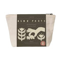 Front of JOYN Blok Parti Tulip Block Printing Pouch Set, featuring an off-white canvas pouch with charcoal gray bellyband with cream-colored block printing illustrations of hands, flower and stem patterns, on a plain white background.