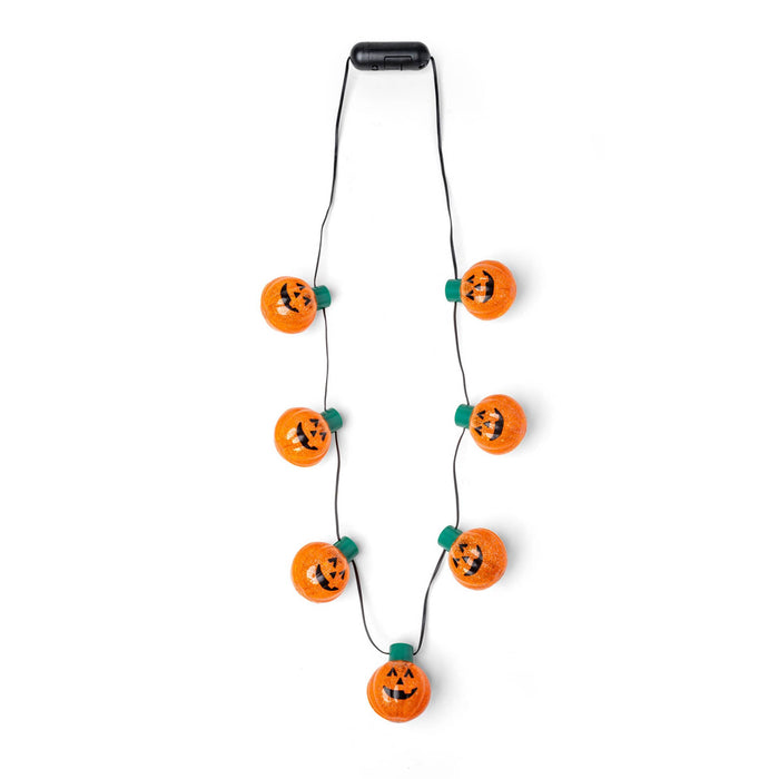 A Halloween-themed necklace featuring seven orange jack-o'-lantern lights, connected by a black cord and finished with a black clasp at the top, shown on a plain white background.