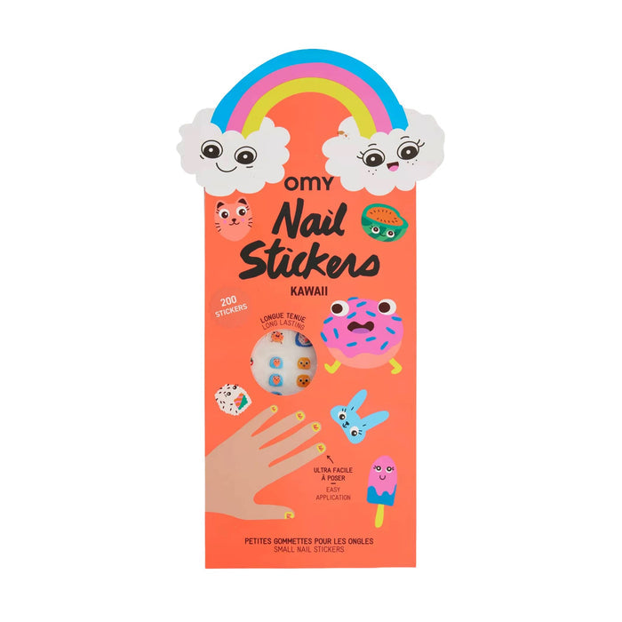 Kawaii-themed nail stickers with colorful designs in orange packaging, on a white background.