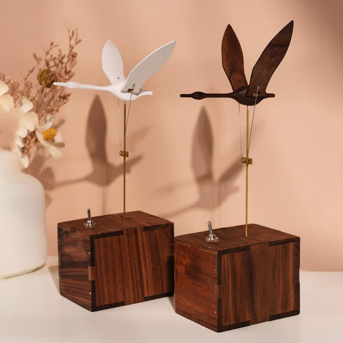 Kinetic Flying Swan Wooden Music Box Automata Sculpture