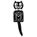 Black cat-shaped wall clock with a long tail and eyes that move, front view on a plain white background.