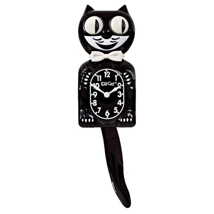 Black cat-shaped wall clock with a long tail and eyes that move, front view on a plain white background.