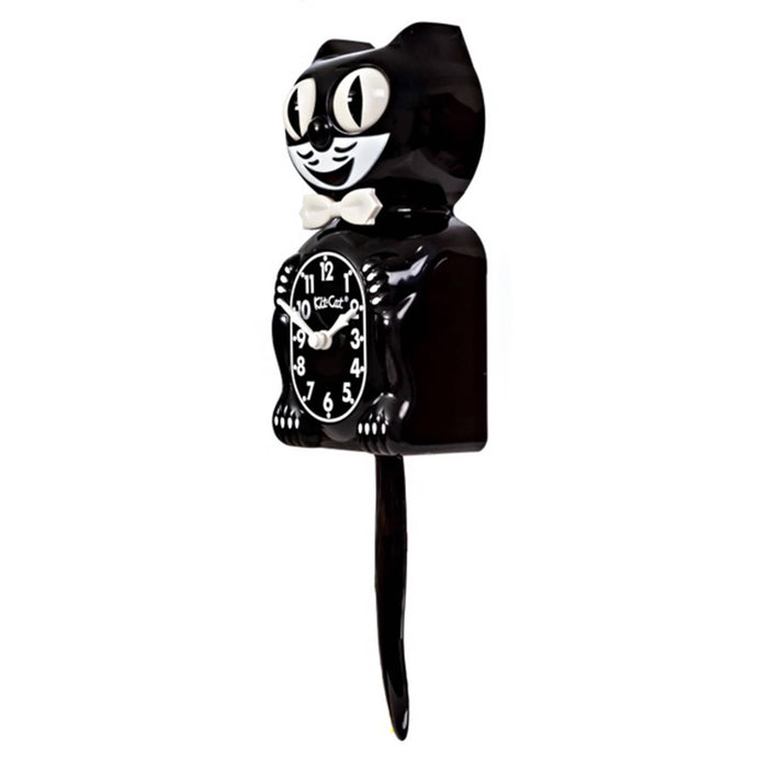 Black cat-shaped wall clock with a long tail and eyes that move, front and left angle view on a plain white background.