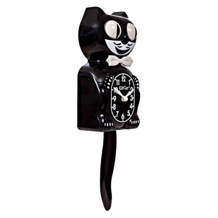 Black cat-shaped wall clock with a long tail and eyes that move, front and right angle view on a plain white background.