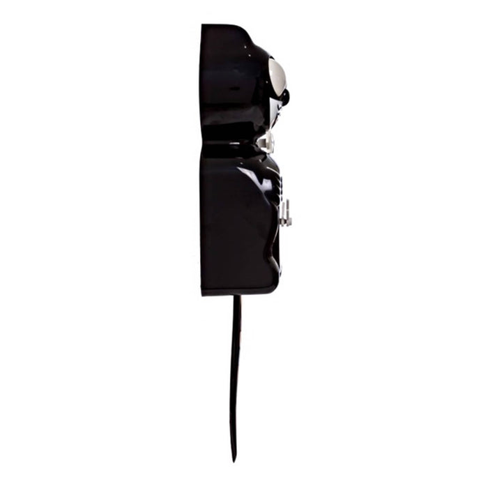 Black cat-shaped wall clock with a long tail and eyes that move, side view on a plain white background.