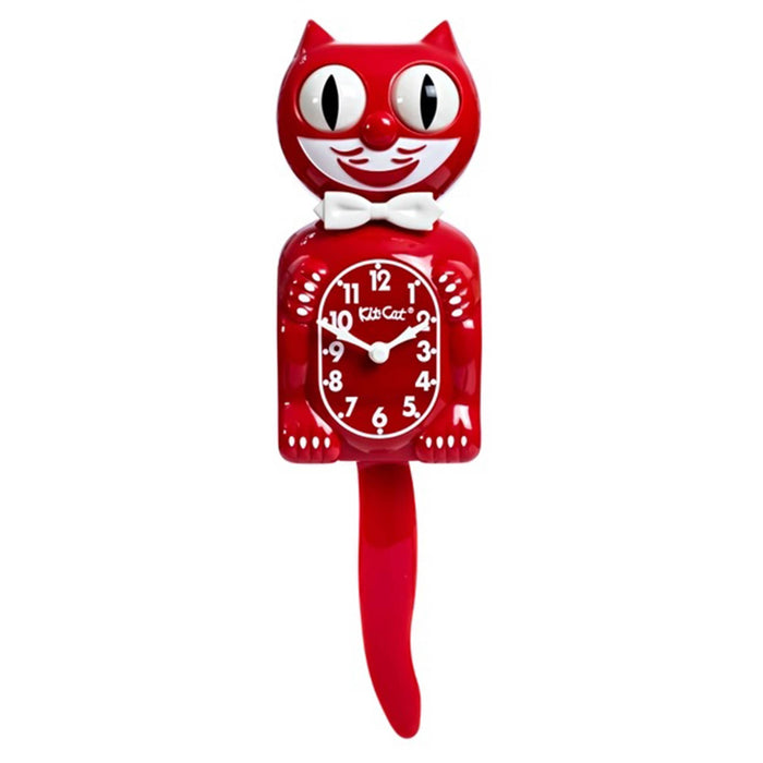 Red cat-shaped wall clock with a long tail and eyes that move, front view on a plain white background.