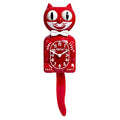 Red cat-shaped wall clock with a long tail and eyes that move, front view on a plain white background.
