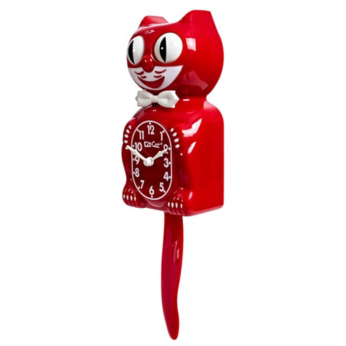 Red cat-shaped wall clock with a long tail and eyes that move, front and left angle view on a plain white background.