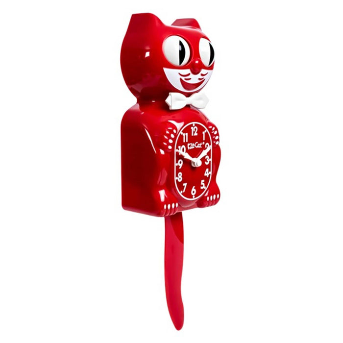 Red cat-shaped wall clock with a long tail and eyes that move, front and right angle view on a plain white background.
