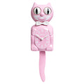 Pink cat-shaped wall clock with a long tail and eyes that move, front view on a plain white background.