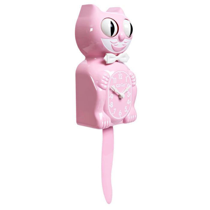 Pink cat-shaped wall clock with a long tail and eyes that move, right side angle view on a plain white background.