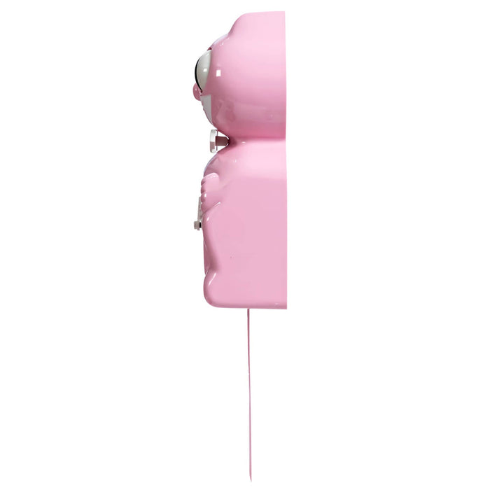Pink cat-shaped wall clock with a long tail and eyes that move, side view on a plain white background.