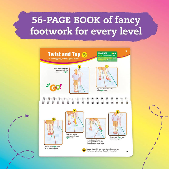 Klutz Jumpsies: How to Hop, Skip & Jump with Stretchy Rope, rainbow elastic loop with book, sample page with instructions for Twist and Tap.
