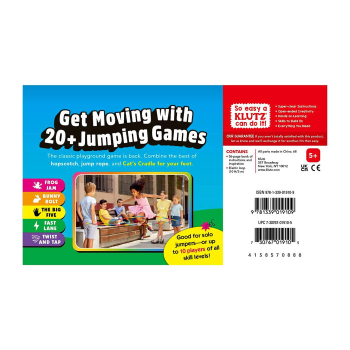 Klutz Jumpsies: How to Hop, Skip & Jump with Stretchy Rope, rainbow elastic loop with book, back view.