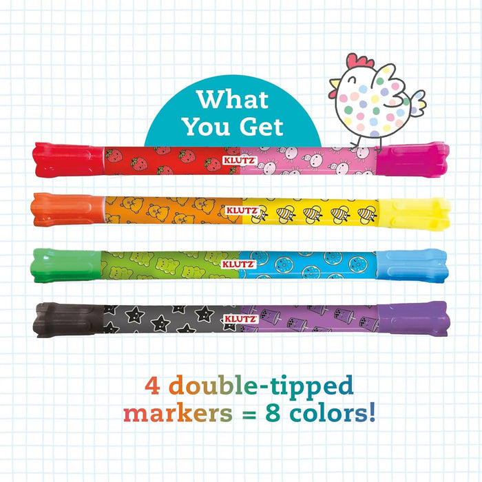 Set of four double-tipped markers with colorful designs on a grid paper background.
