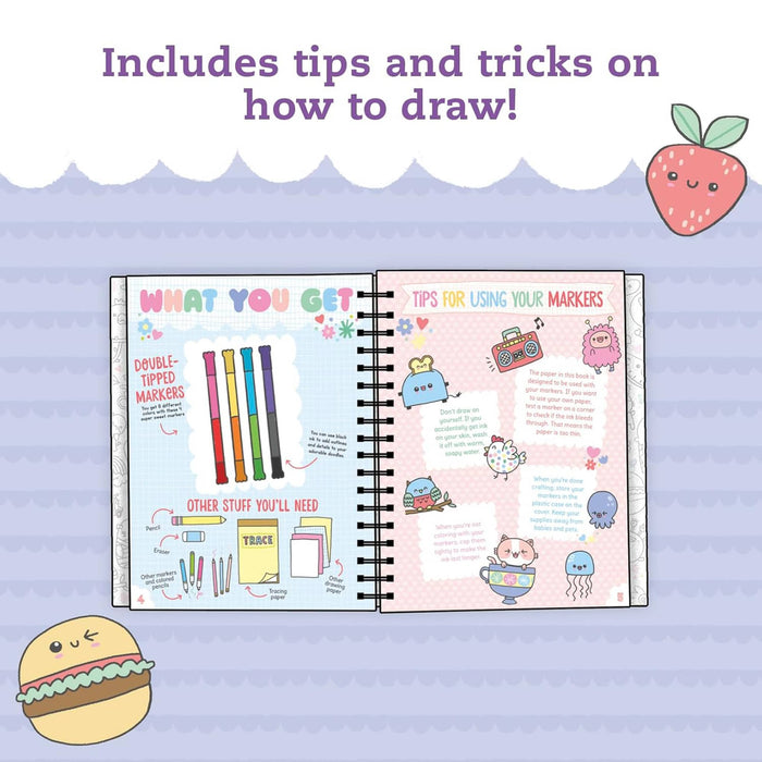 Open book with instructions on using markers and tips for drawing, on a purple background with cartoon strawberry and burger.