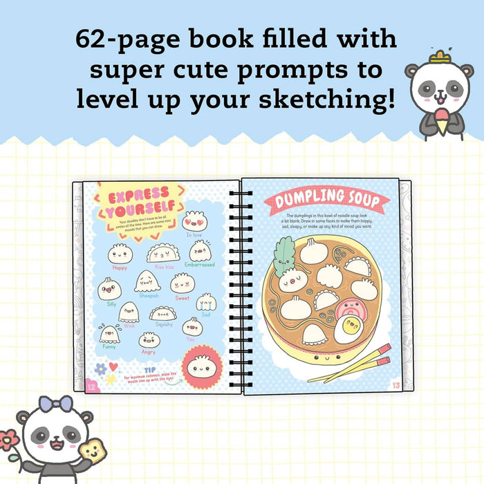 Open book with cute illustrations and text, surrounded by cartoon pandas and promotional text.