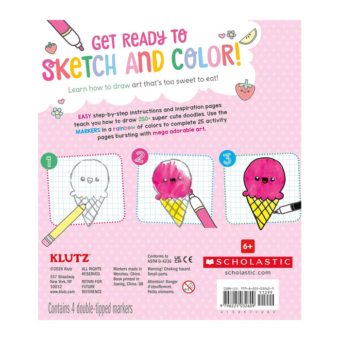Back cover of a children's sketchbook with ice cream illustrations and marker instructions.