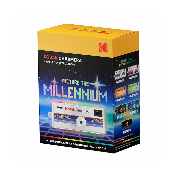 Kodak Charmera keychain digital camera packaging with colorful design and Kodak logo.