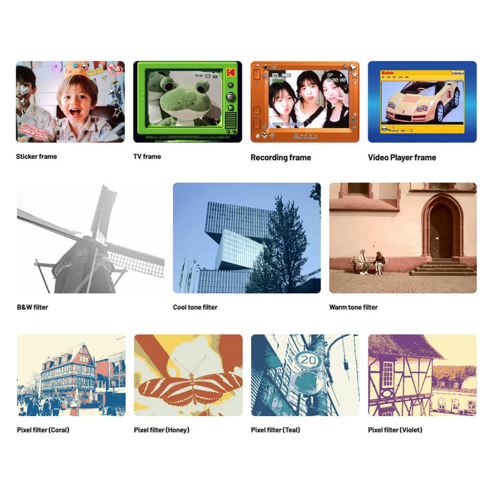 A collage showing multiple labeled filter and frame options: sticker frame, TV frame, recording frame, video player frame, B&W filter, cool tone filter, warm tone filter, pixel filter (Coral), pixel filter (Honey), pixel filter (Teal), and pixel filter (Violet). Each option is presented as a small preview tile on a white background.