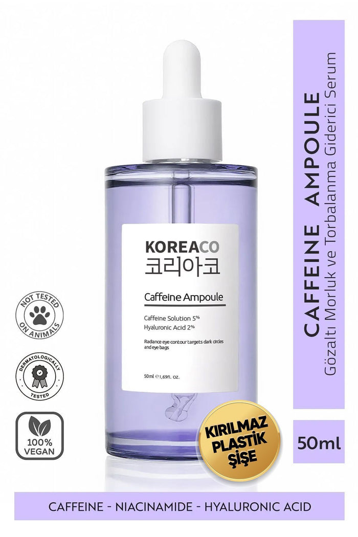 KOREACO Caffeine Under Eye Dark Circle and Puffiness Ampoule Serum is designed to visibly reduce the look of dark circles, under-eye bags, and tired-looking skin.