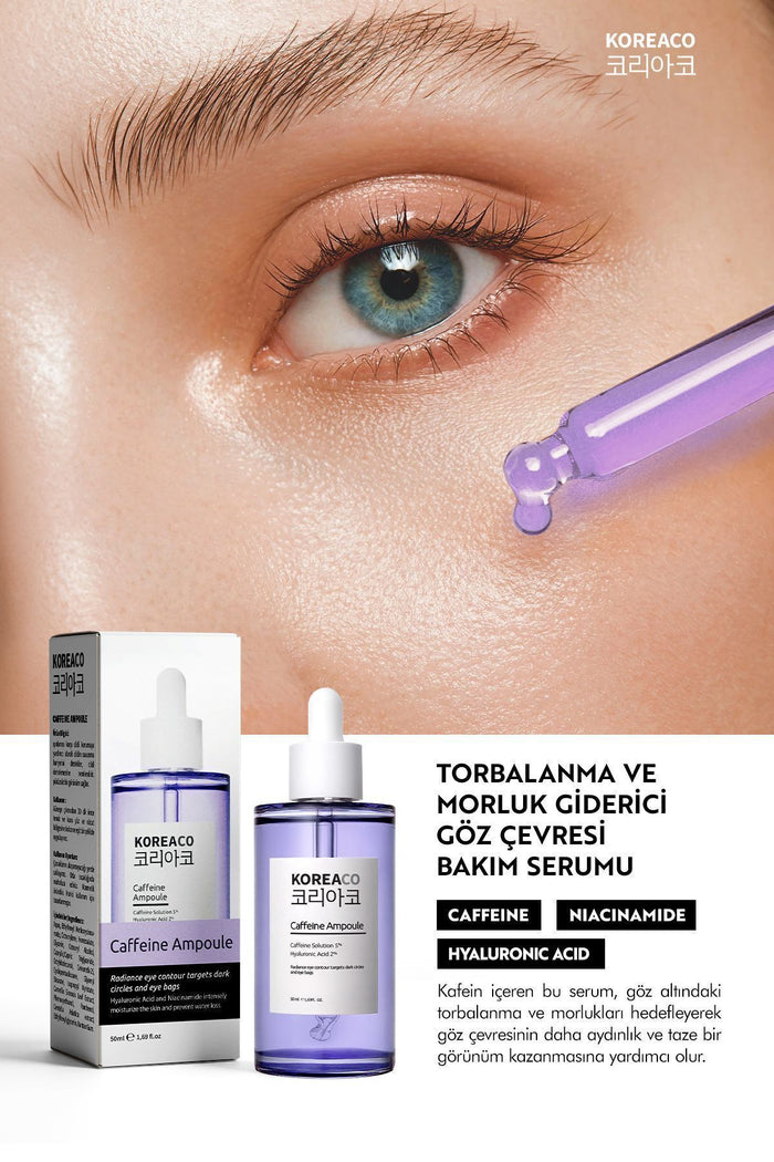 KOREACO Caffeine Under Eye Dark Circle and Puffiness Ampoule Serum is designed to visibly reduce the look of dark circles, under-eye bags, and tired-looking skin.