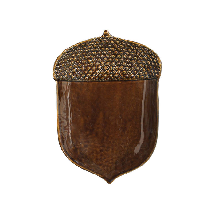 Creative Co-op Large Stoneware Acorn Shaped Plates with brown reactive glaze, front view.