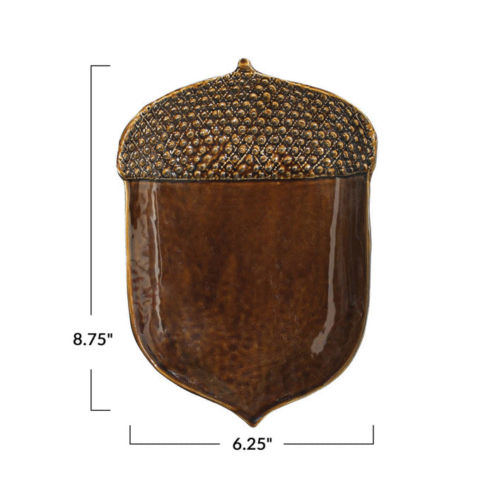Creative Co-op Large Stoneware Acorn Shaped Plates with brown reactive glaze, front view with measurements.