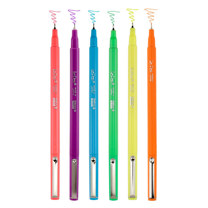 Pack of 6 Le Pens in neon colors, caps off with ink sample of each color.
