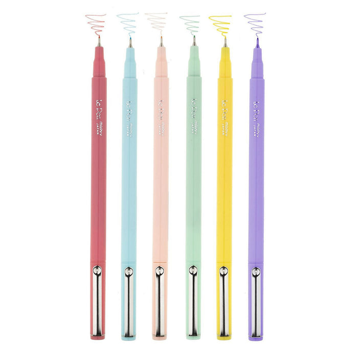 Pack of 6 Le Pens in pastel colors, caps off with color sample for each ink.