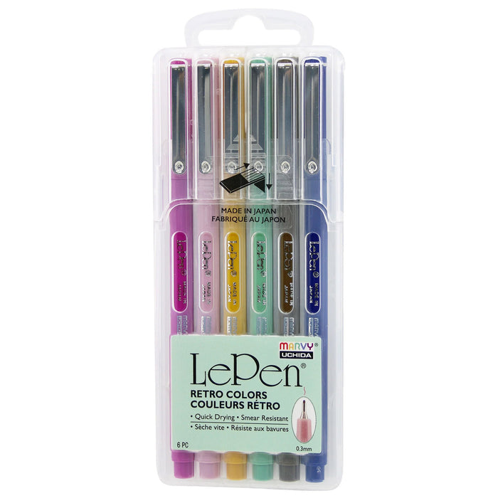 Pack of 6 Le Pens in retro colors in clear plastic packaging.