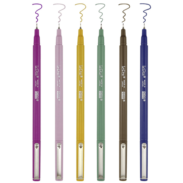 Pack of 6 Le Pens in retro colors, caps off and ink samples of each color.