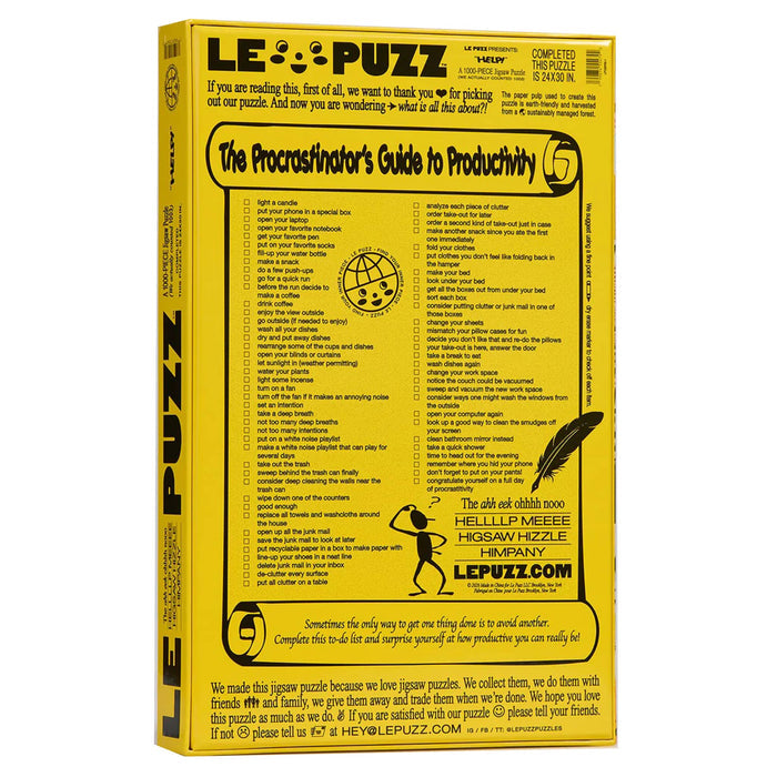 Le Puzz 1000 piece Help! jigsaw puzzle in box packaging, back view, on a white background.