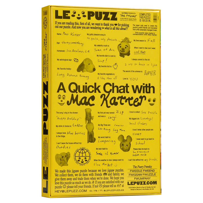 Le Puzz 500 piece Old Friends jigsaw puzzle in box packaging, back view, on a white background.