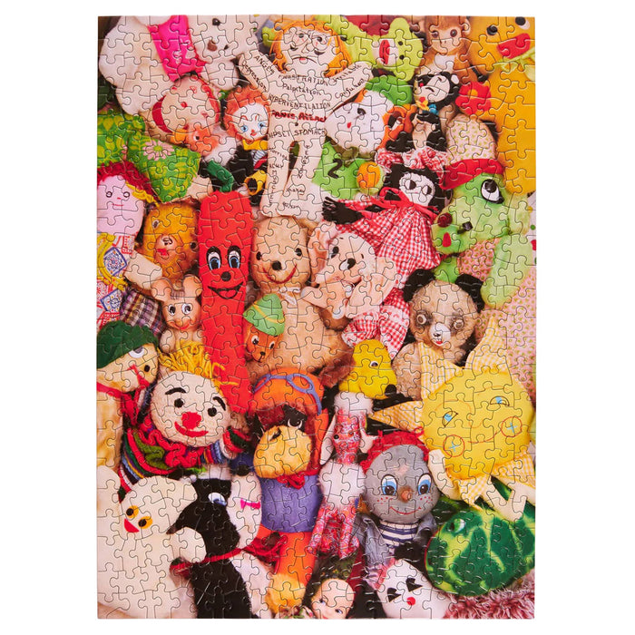 Puzzle with colorful vintage stuffed animals on a white background.