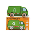 A green wooden recycling truck toy with natural wood wheels, shown resting on top of its orange retail box labeled 'GT200 RUDY' and 'Limited Edition'.