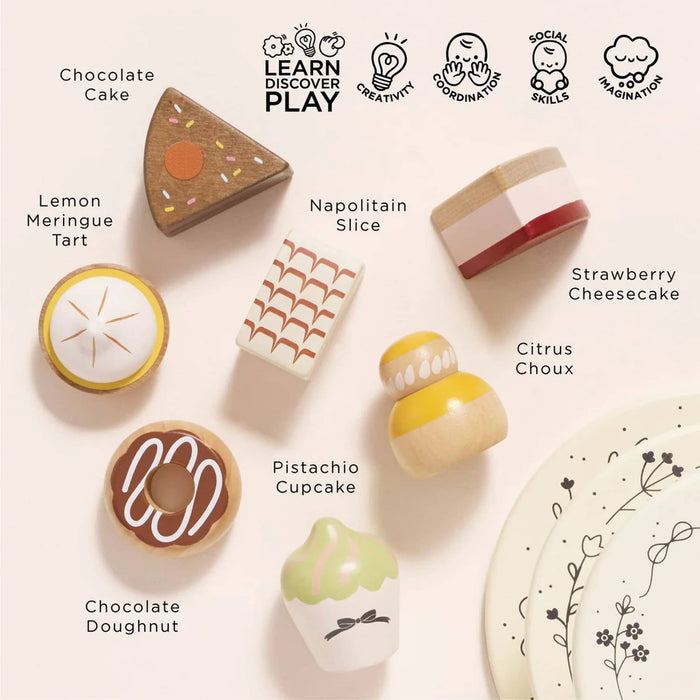 Wooden toy desserts with labels on a light beige background.