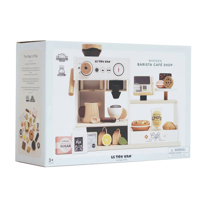 Le Toy Van wooden barista café shop set packaging on a white background.