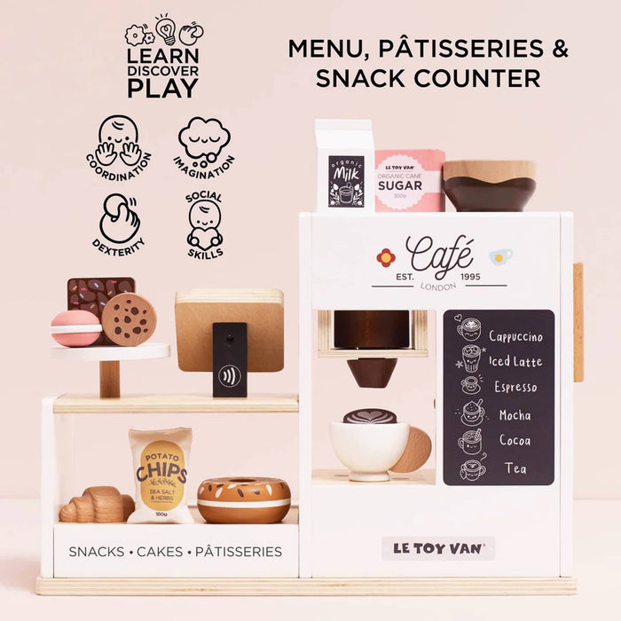 LE TOY VAN playset with coffee-themed items and a menu board on a beige background.