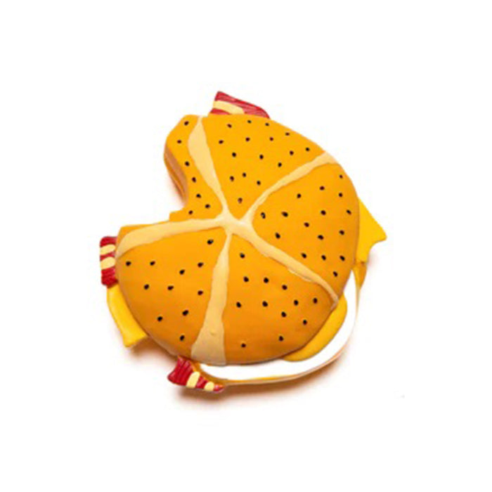 PiccoliNY Lemmegetabaconeggandcheese on a roll natural rubber baby teether, top view.