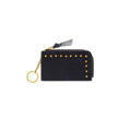Front of a black faux suede zip-around card holder wallet with gold-tone studs, a gold chain with keyring, and a black leather tag, shown on a plain white background.