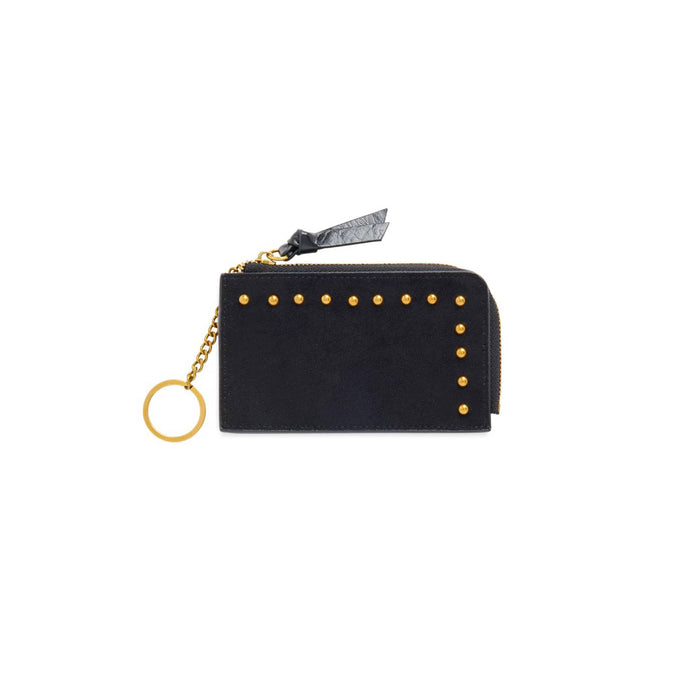 Front of a black faux suede zip-around card holder wallet with gold-tone studs, a gold chain with keyring, and a black leather tag, shown on a plain white background.
