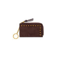 A dark brown faux suede zip-around card holder wallet with gold-tone studs, a gold chain with keyring, and a brown leather tag, shown on a plain white background.
