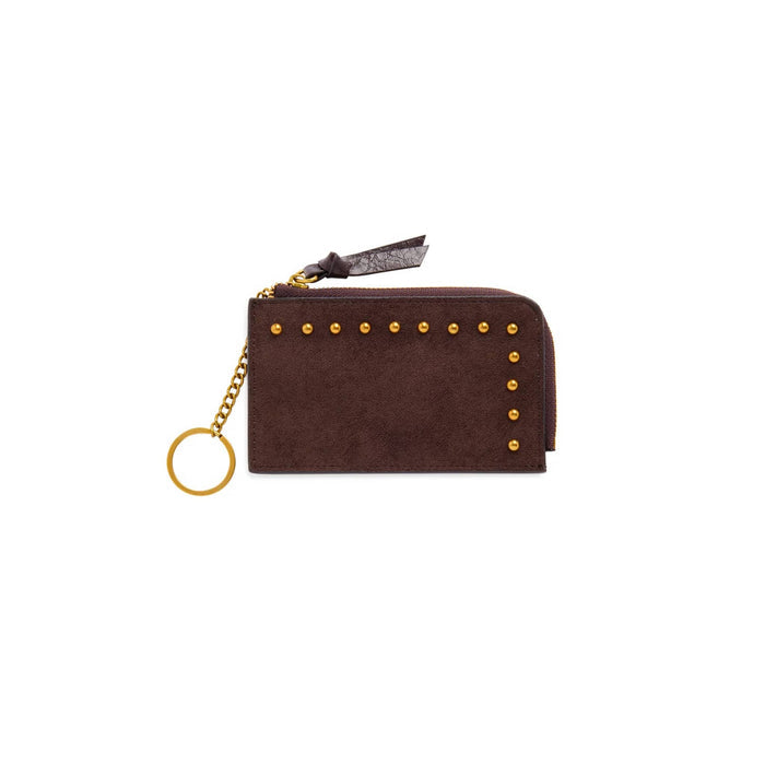 A dark brown faux suede zip-around card holder wallet with gold-tone studs, a gold chain with keyring, and a brown leather tag, shown on a plain white background.