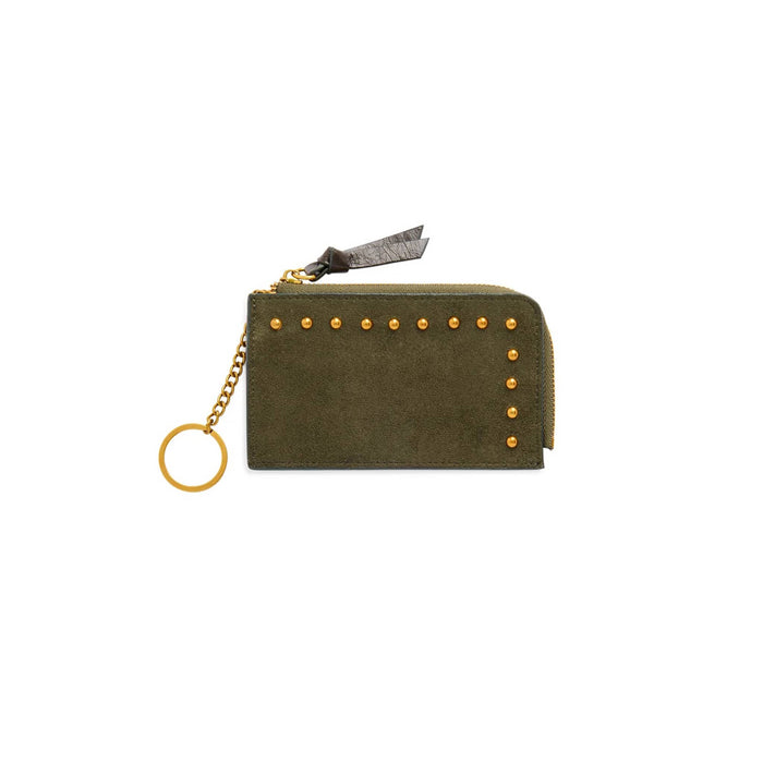 An olive green faux suede zip-around card holder wallet with gold-tone studs, a gold chain with keyring, and an olive leather tag, shown on a plain white background.