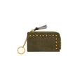 An olive green faux suede zip-around card holder wallet with gold-tone studs, a gold chain with keyring, and an olive leather tag, shown on a plain white background.